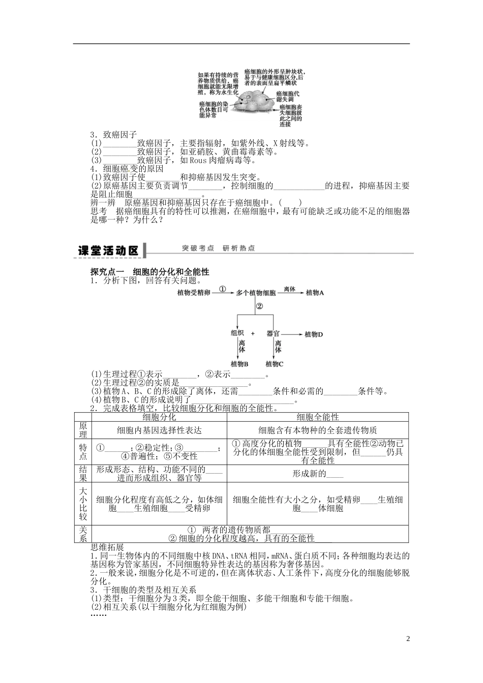 【步步高】2014届高考生物一轮复习(课前准备+课堂巩固+课后练习)第四单元 细胞的分化学案 鲁科版_第2页