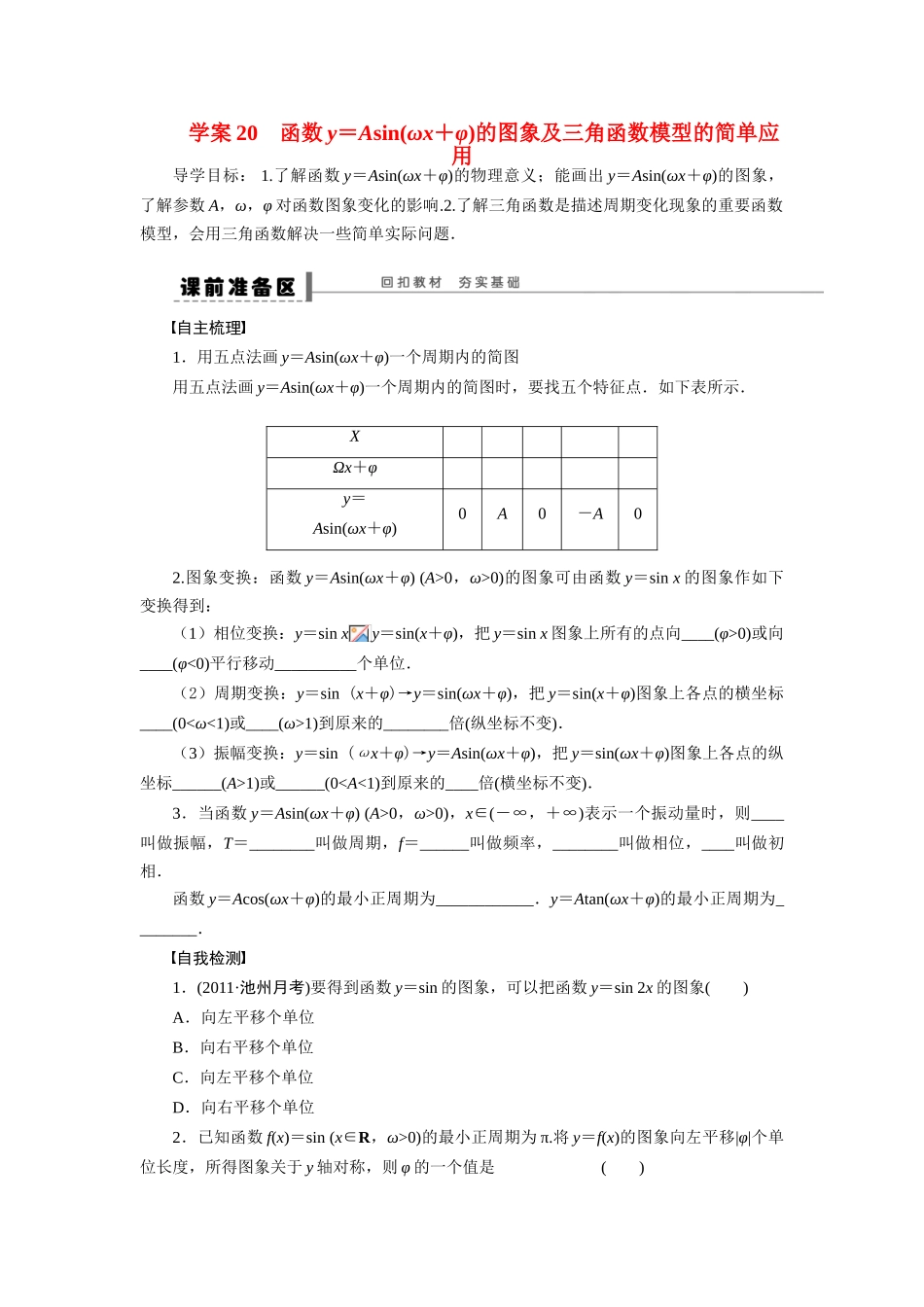 【步步高】2015届高考数学总复习 函数y＝Asin(ωx＋φ)的图象及三角函数模型的简单应用学案 理 北师大版_第1页