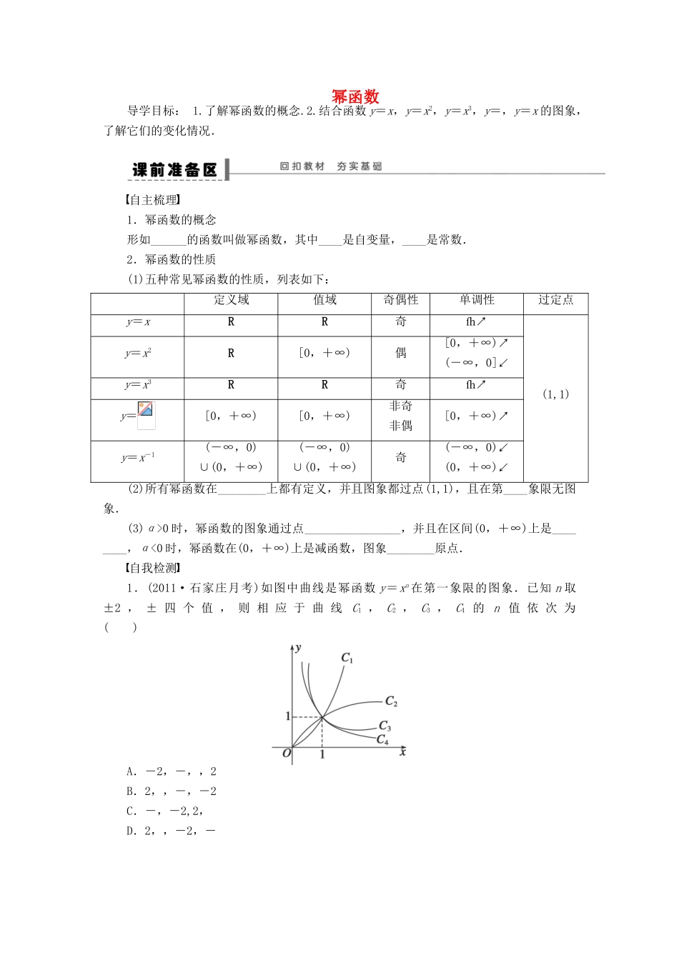 【步步高】（四川专用）2014届高三数学大一轮复习 幂函数学案 理 新人教A版_第1页