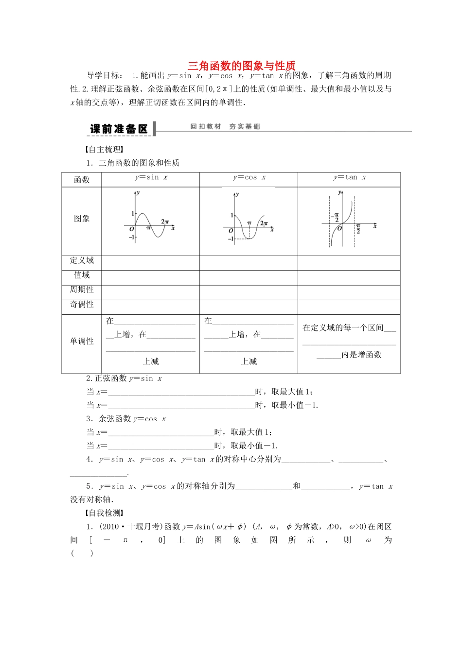 【步步高】（四川专用）2014届高三数学大一轮复习 三角函数的图象与性质学案 理 新人教A版_第1页