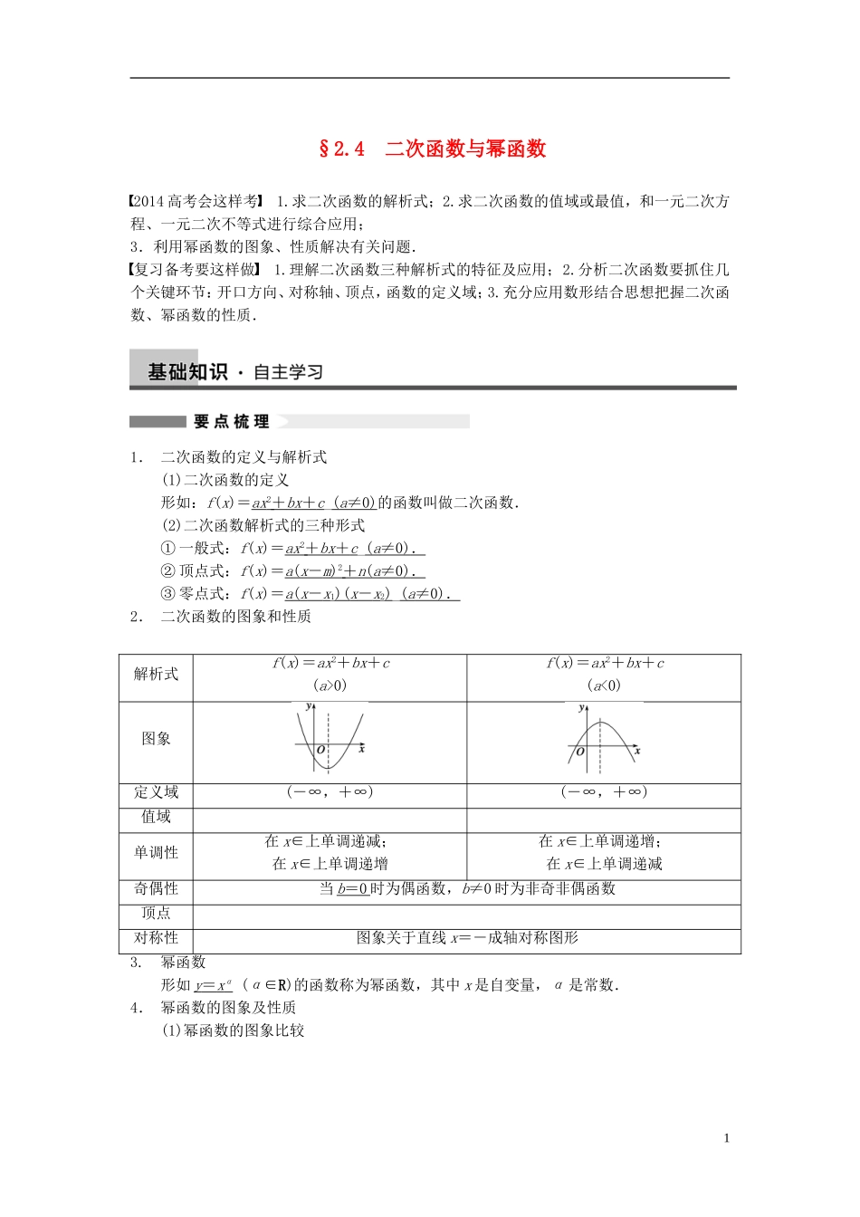 【步步高】（四川专用）2014届高三数学大一轮复习讲义 2.4二次函数与幂函数 理 新人教A版_第1页