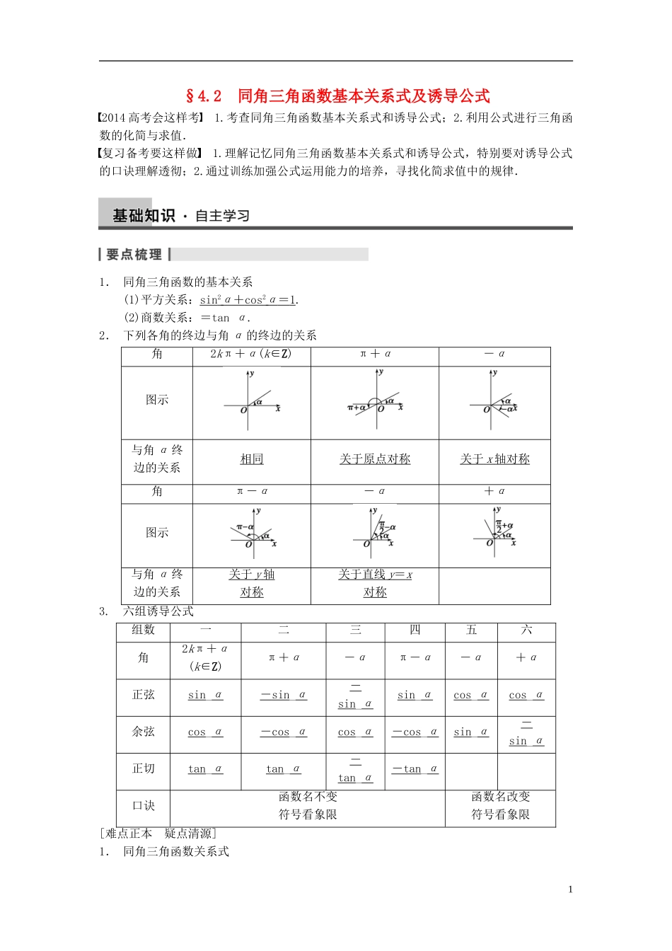 【步步高】（四川专用）2014届高三数学大一轮复习讲义 4.2同角三角函数基本关系式及诱导公式 理 新人教A版_第1页