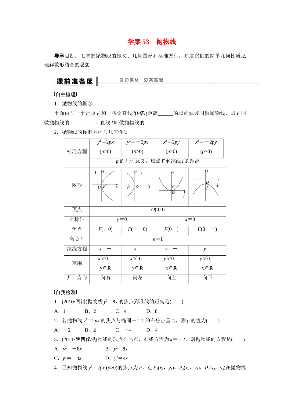 【步步高】2015届高考数学总复习 抛物线学案 理 北师大版_第1页