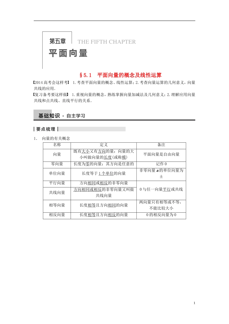 【步步高】2014届高三数学大一轮复习 5.1平面向量的概念及线性运算教案 理 新人教A版 _第1页