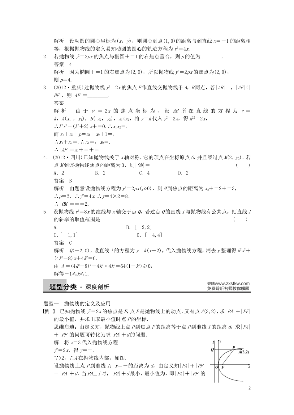 【步步高】2014届高三数学大一轮复习 9.7抛物线教案 理 新人教A版 _第2页