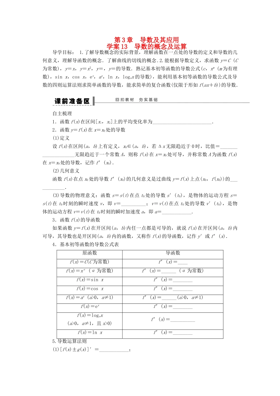 【步步高】2014届高三数学大一轮复习讲义 第3章 导数的概念及运算学案 苏教版 _第1页