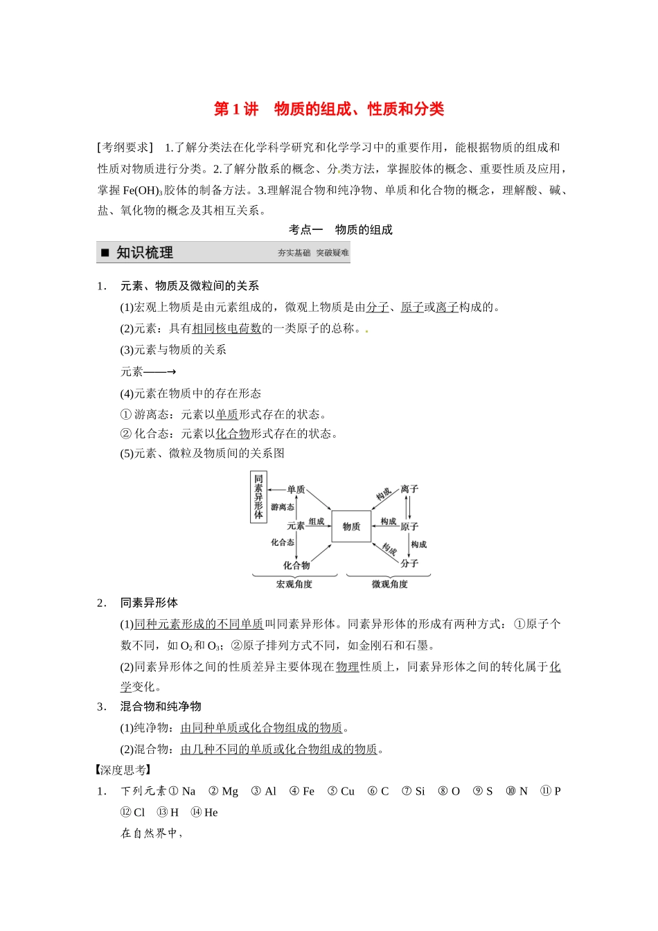 【步步高】（新课标）2015届高考化学大一轮复习讲义 第二章 第1讲 物质的组成、性质和分类导学案_第1页