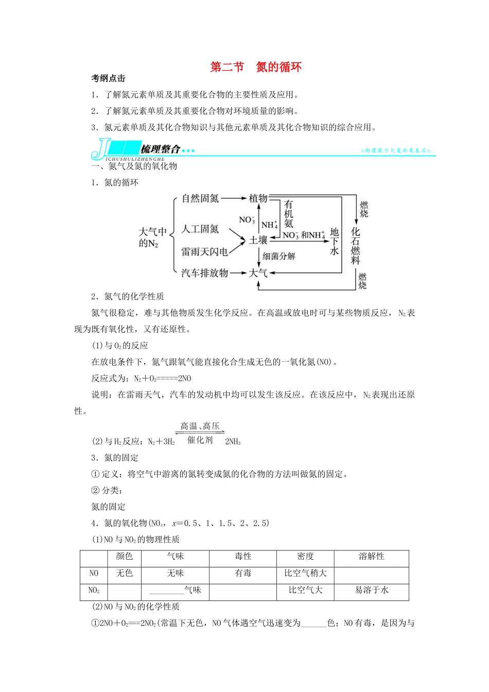 【志鸿优化设计】2014届高考化学一轮复习 第三章 自然界中的元素第二节氮的循环教学案 鲁科版_第1页