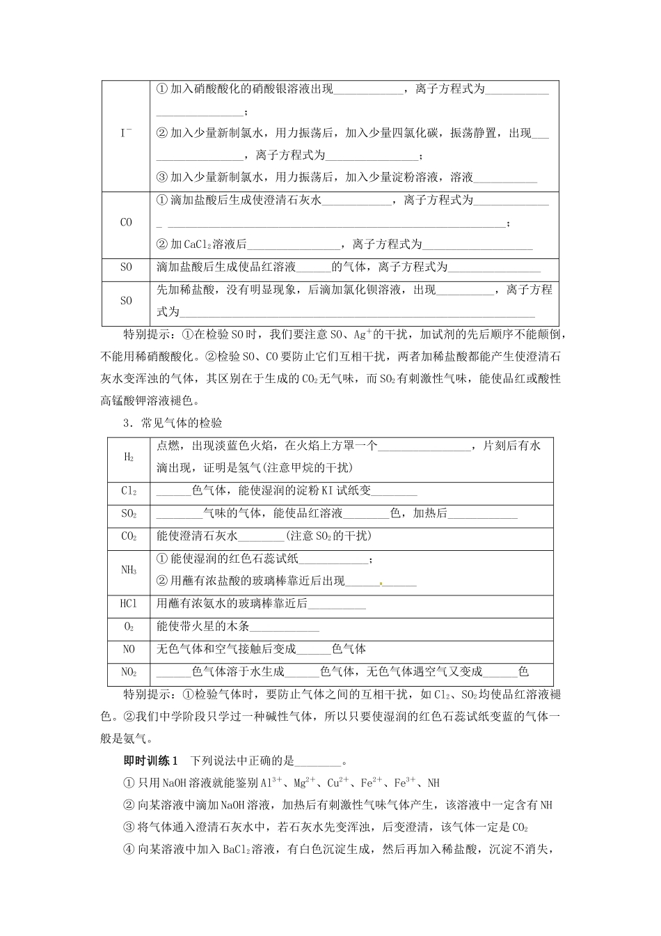 【志鸿优化设计】2014届高考化学一轮复习 第十单元化学实验基础第2节物质的检验、分离和提纯教学案 新人教版_第2页
