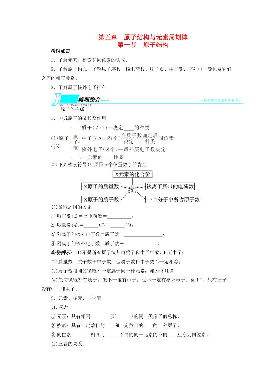 【志鸿优化设计】2014届高考化学一轮复习 第五章 原子结构与元素周期律第一节原子结构教学案 鲁科版_第1页