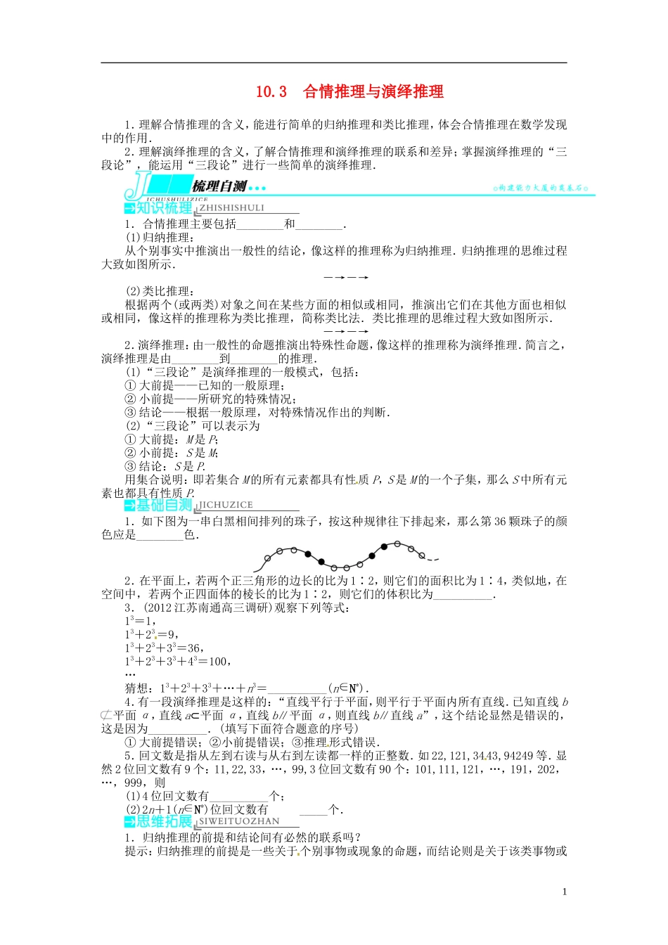【志鸿优化设计】2014届高考数学一轮复习 第10章 算法初步、推理与证明10．3合情推理与演绎推理教学案 苏教版_第1页