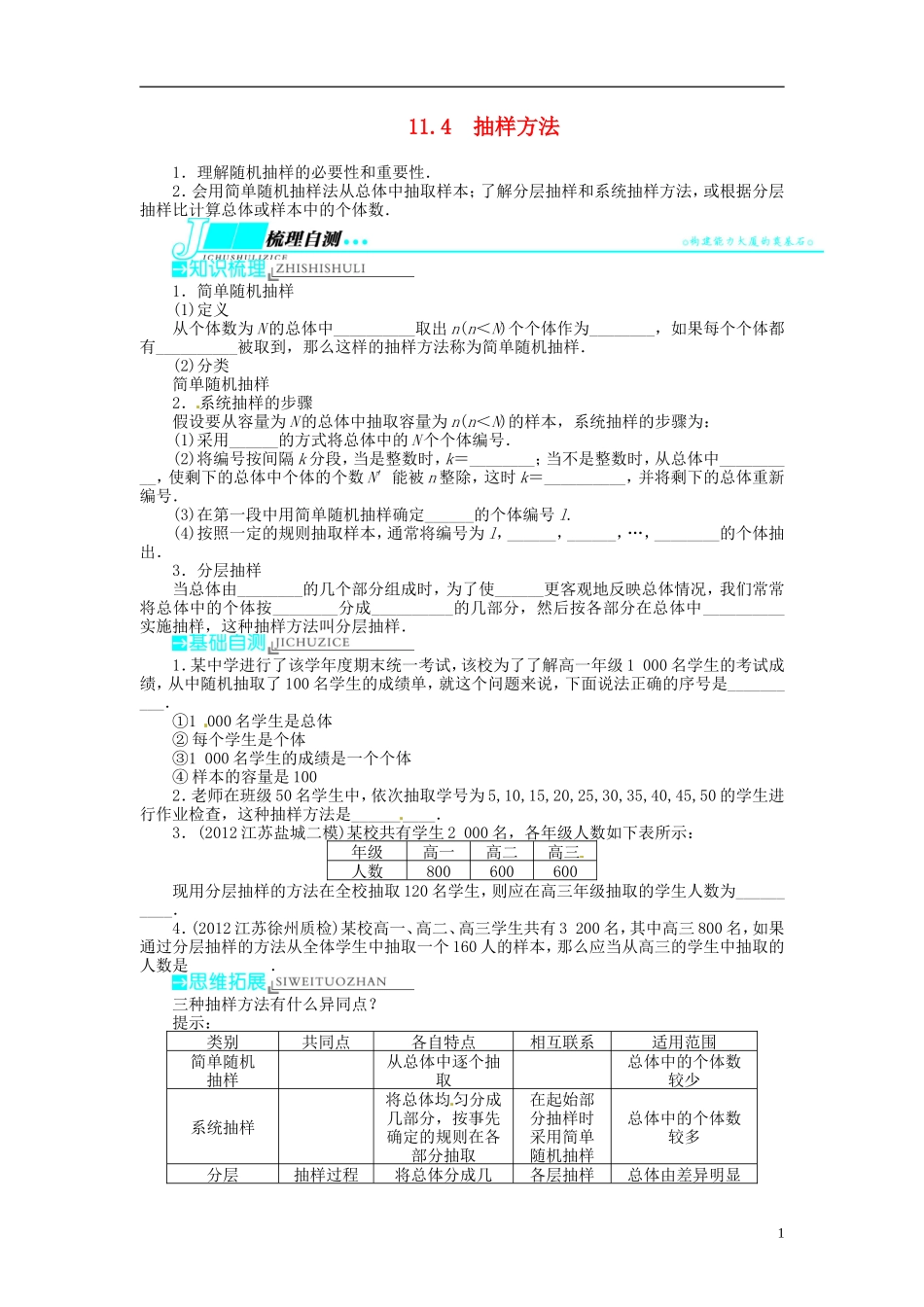 【志鸿优化设计】2014届高考数学一轮复习 第11章 概率与统计11．4抽样方法教学案 苏教版_第1页