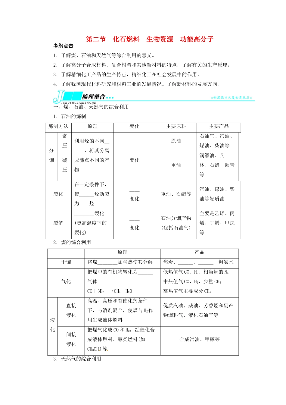 【志鸿优化设计】2014届高考化学一轮复习 化学与技术第二节化石燃料生物资源功能高分子教学案 鲁科版选修2_第1页