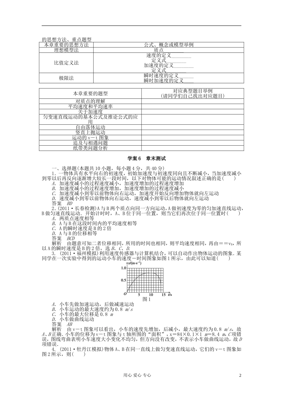 【步步高】2013年高考物理大一轮 第一章 章末总结及章末检测 新人教版必修1_第2页