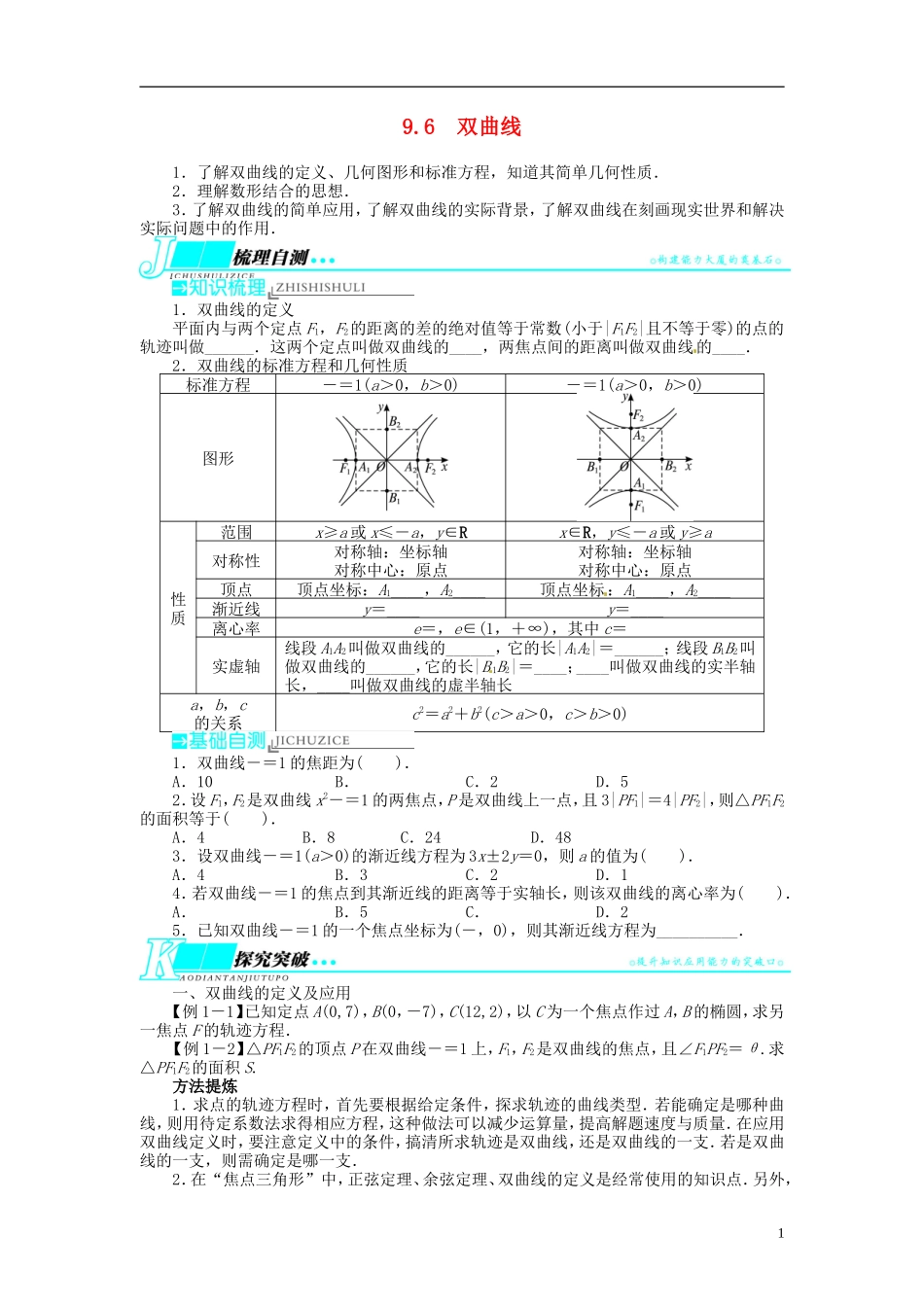 【志鸿优化设计】2014届高考数学一轮复习 第九章解析几何9．6双曲线教学案 新人教B版_第1页