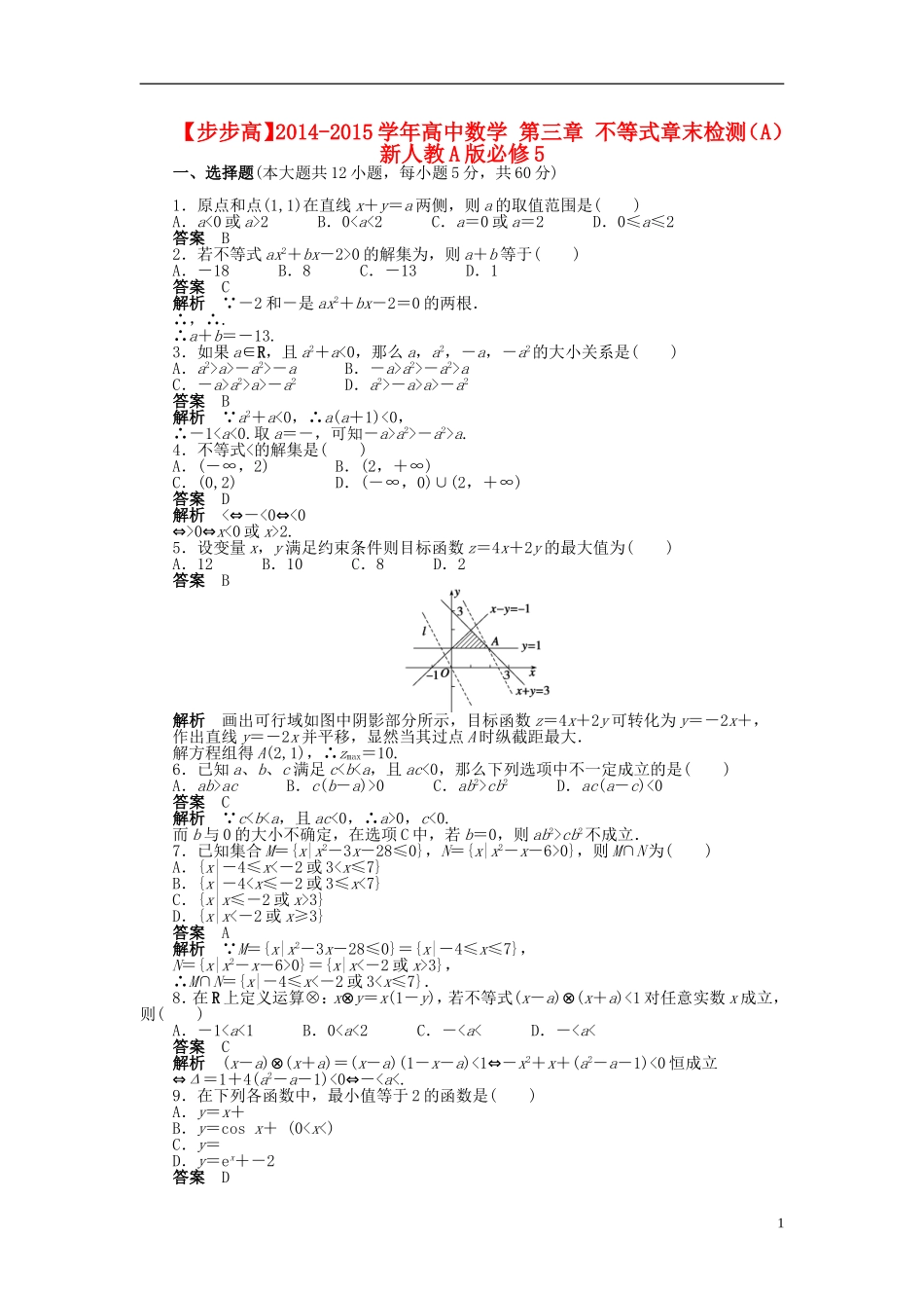 【步步高】2014-2015学年高中数学 第三章 不等式章末检测（A）新人教A版必修5_第1页