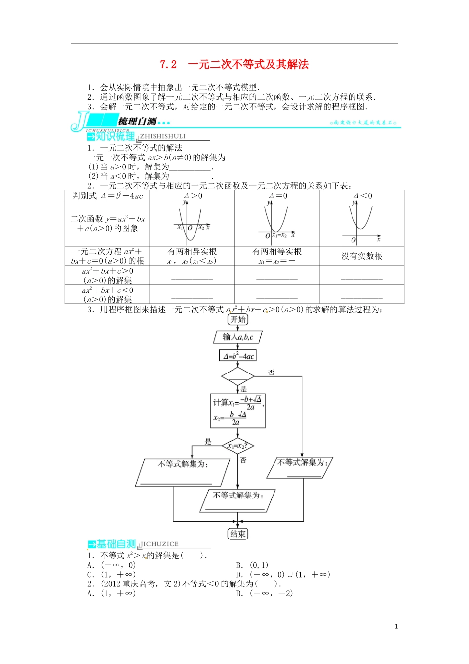 【志鸿优化设计】2014届高考数学一轮复习 第七章 不等式7．2一元二次不等式及其解法教学案 理 新人教A版 _第1页