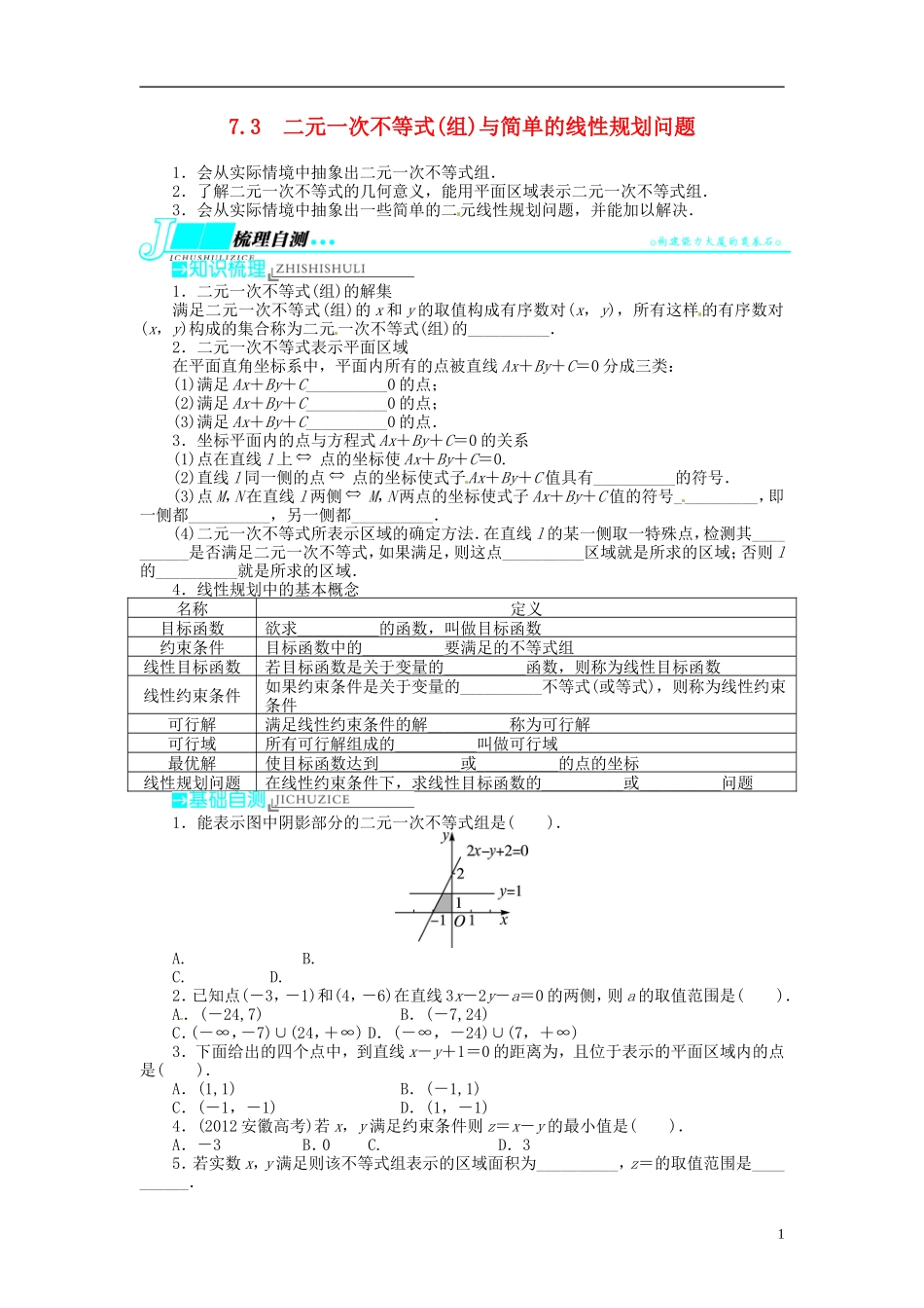 【志鸿优化设计】2014届高考数学一轮复习 第七章 不等式7．3二元一次不等式(组)与简单的线性规划问题教学案 理 新人教A版 _第1页