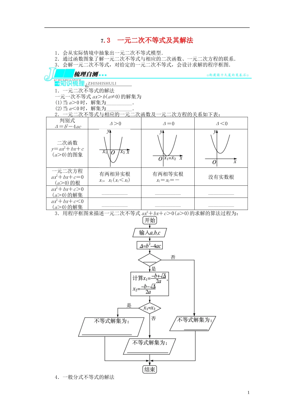 【志鸿优化设计】2014届高考数学一轮复习 第七章不等式7．3一元二次不等式及其解法教学案 新人教B版_第1页