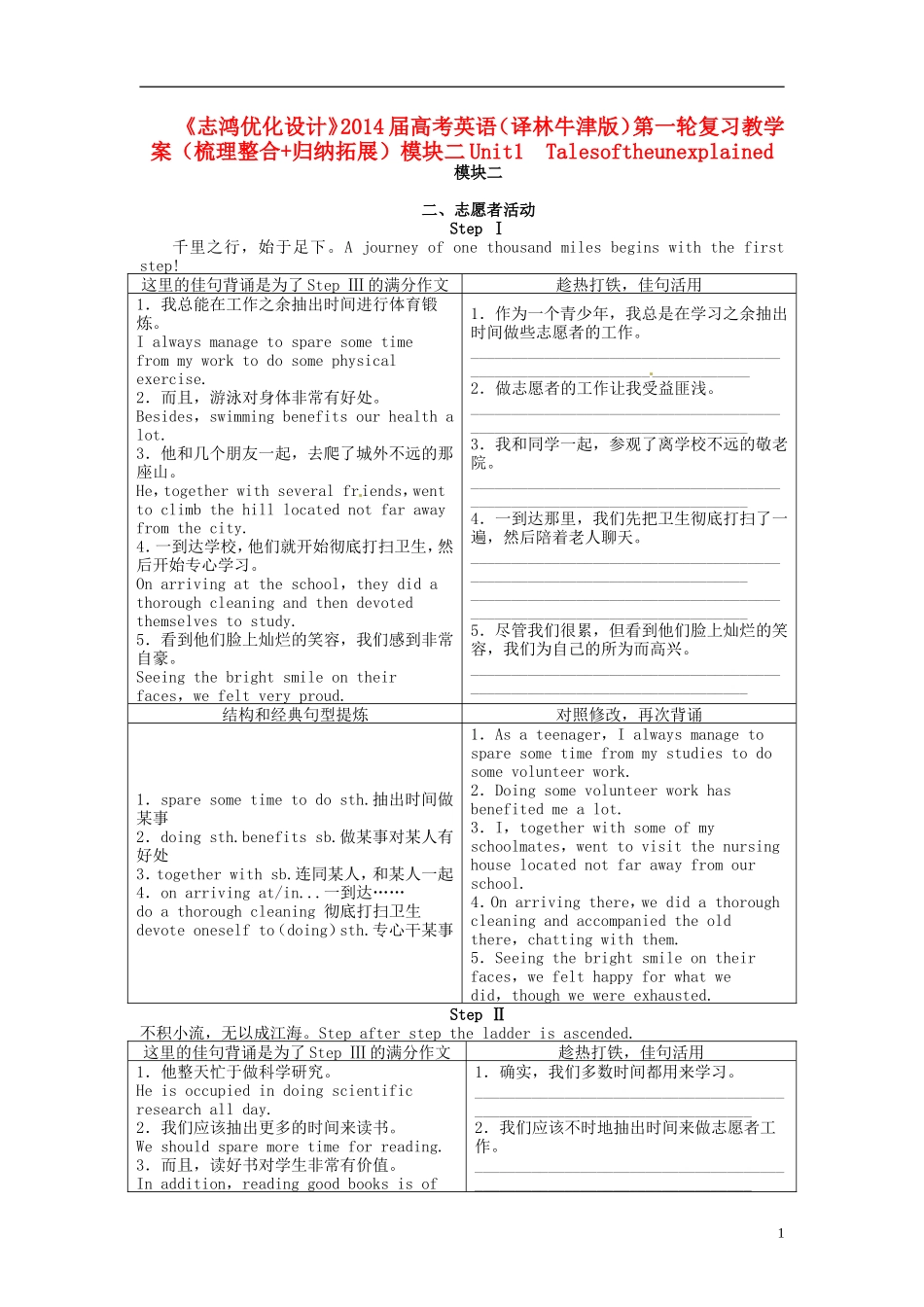 【志鸿优化设计】2014届高考英语第一轮复习 （梳理整合+归纳拓展）模块二Unit1 Talesoftheunexplained教学案 译林牛津版_第1页