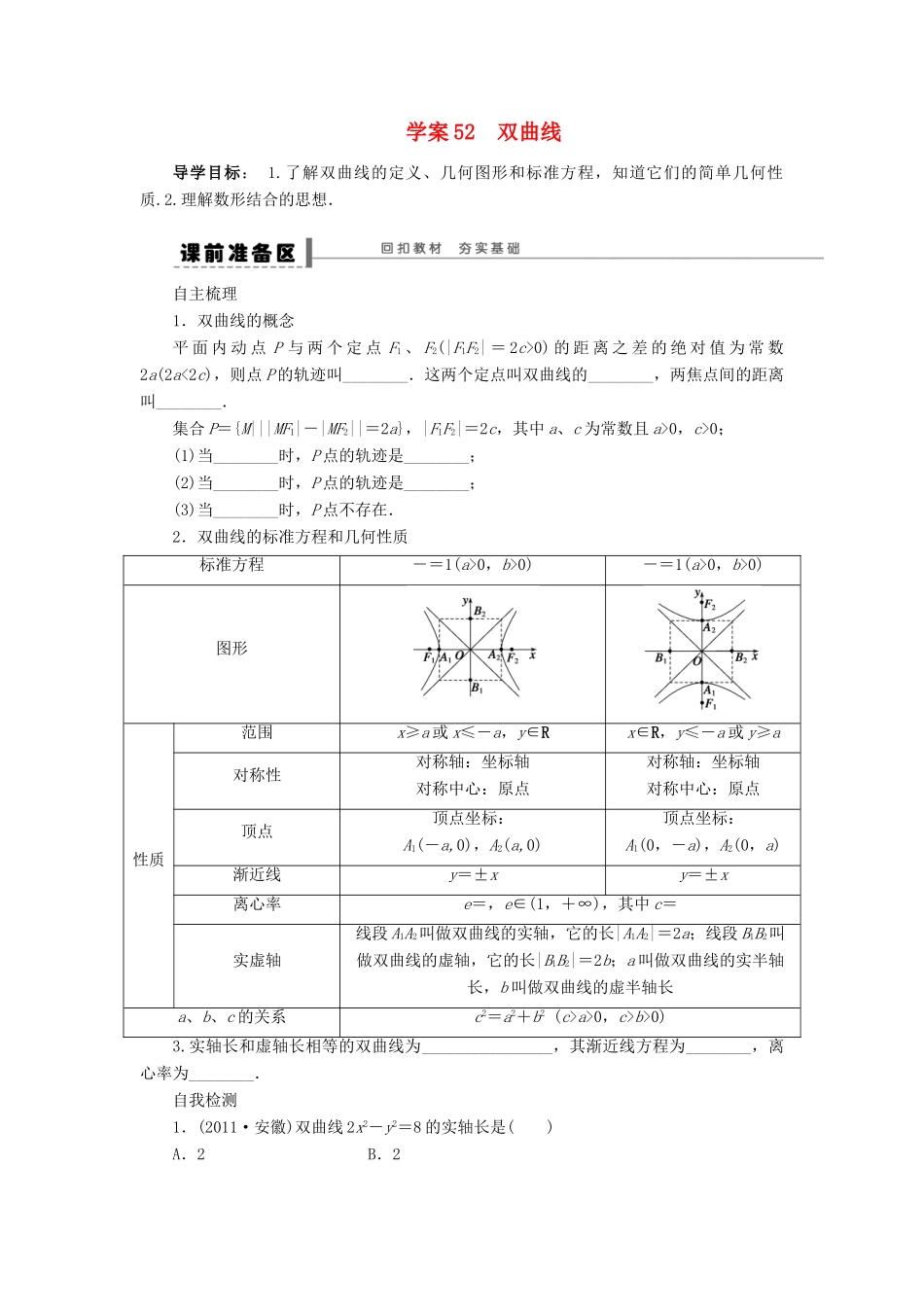 【步步高】2014届高三数学一轮 9.7 双曲线导学案 理 北师大版_第1页