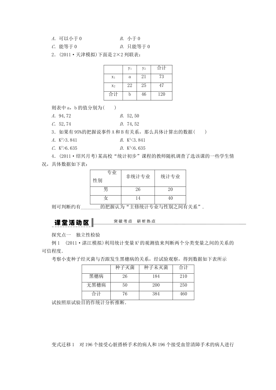 【步步高】2014届高三数学一轮 11.3 统计案例导学案 理 北师大版_第2页