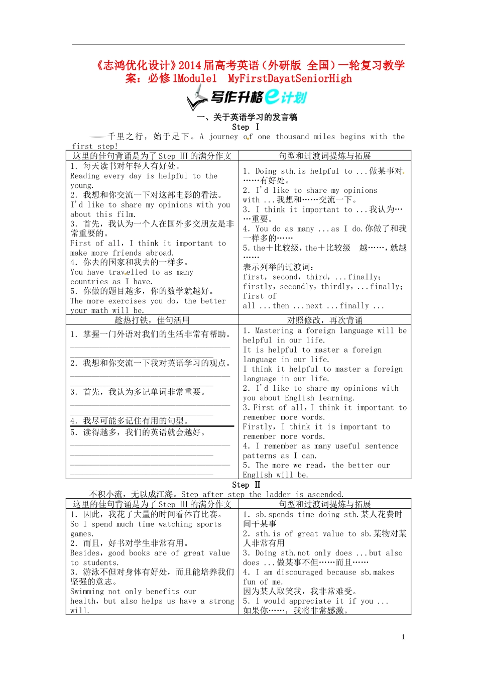【志鸿优化设计】2014届高考英语一轮复习 Module1　MyFirstDayatSeniorHigh教学案 外研版必修1_第1页