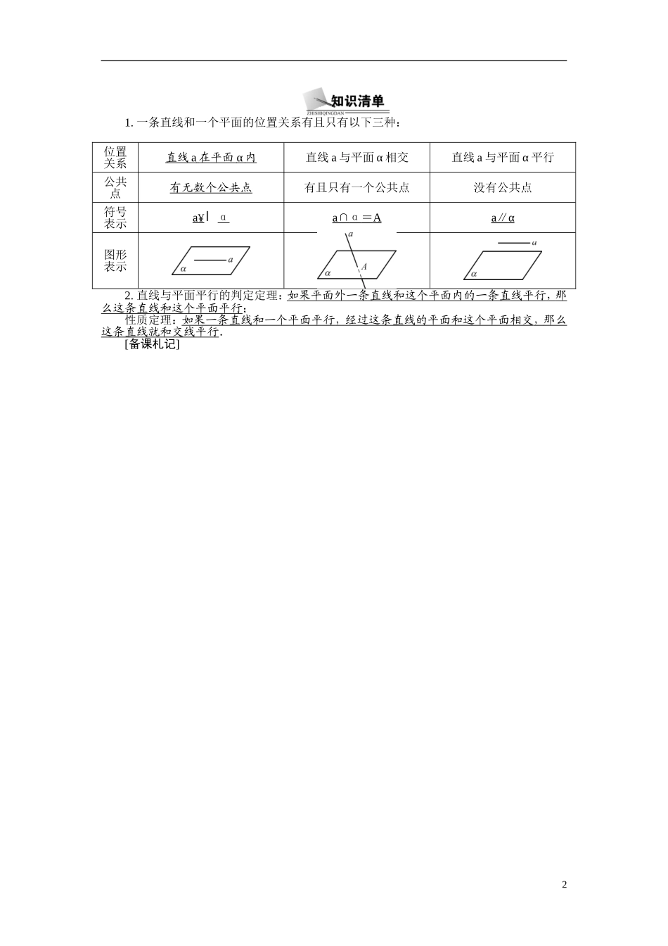 【最高考系列】（14年3月新版）2015届高考数学总复习（考点引领+技巧点拨）第八章立体几何初步第2课时直线与平面的位置关系教学案（含最新模拟、试题改编）_第2页