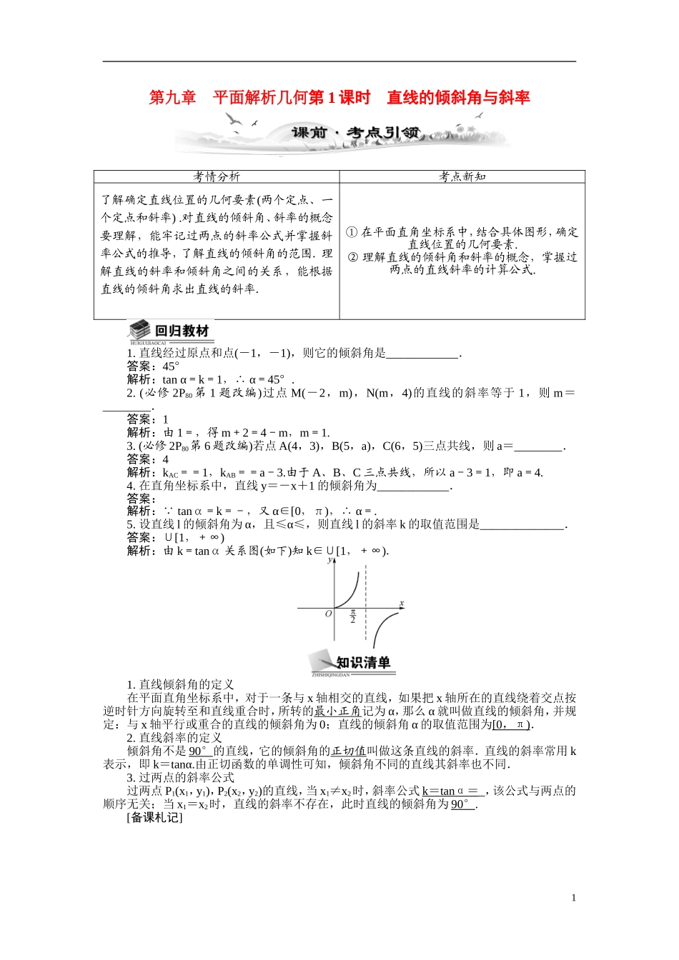 【最高考系列】（14年3月新版）2015届高考数学总复习（考点引领+技巧点拨）第九章平面解析几何第1课时直线的倾斜角与斜率教学案（含最新模拟、试题改编）_第1页