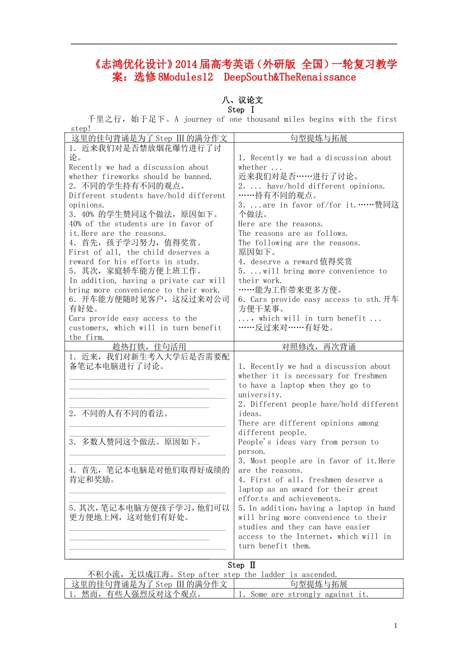 【志鸿优化设计】2014届高考英语一轮复习 Modules1-2　DeepSouth&TheRenaissance教学案 外研版选修8_第1页