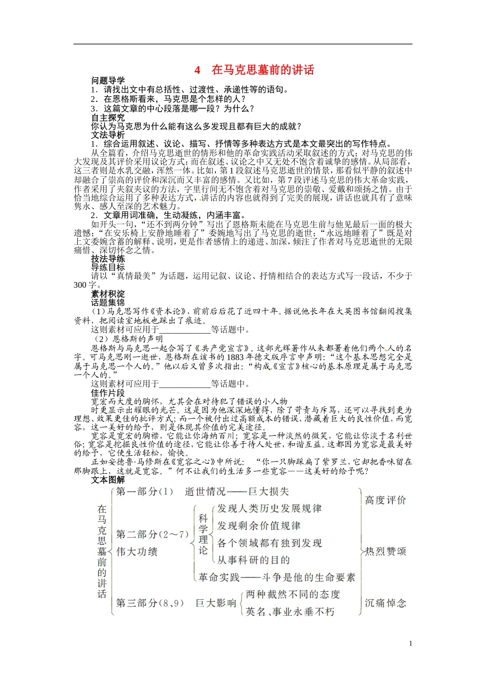 【志鸿全优设计】2013-2014学年高中语文 第二单元 第4课在马克思墓前的讲话讲解与例题导学案 鲁人版必修1_第1页