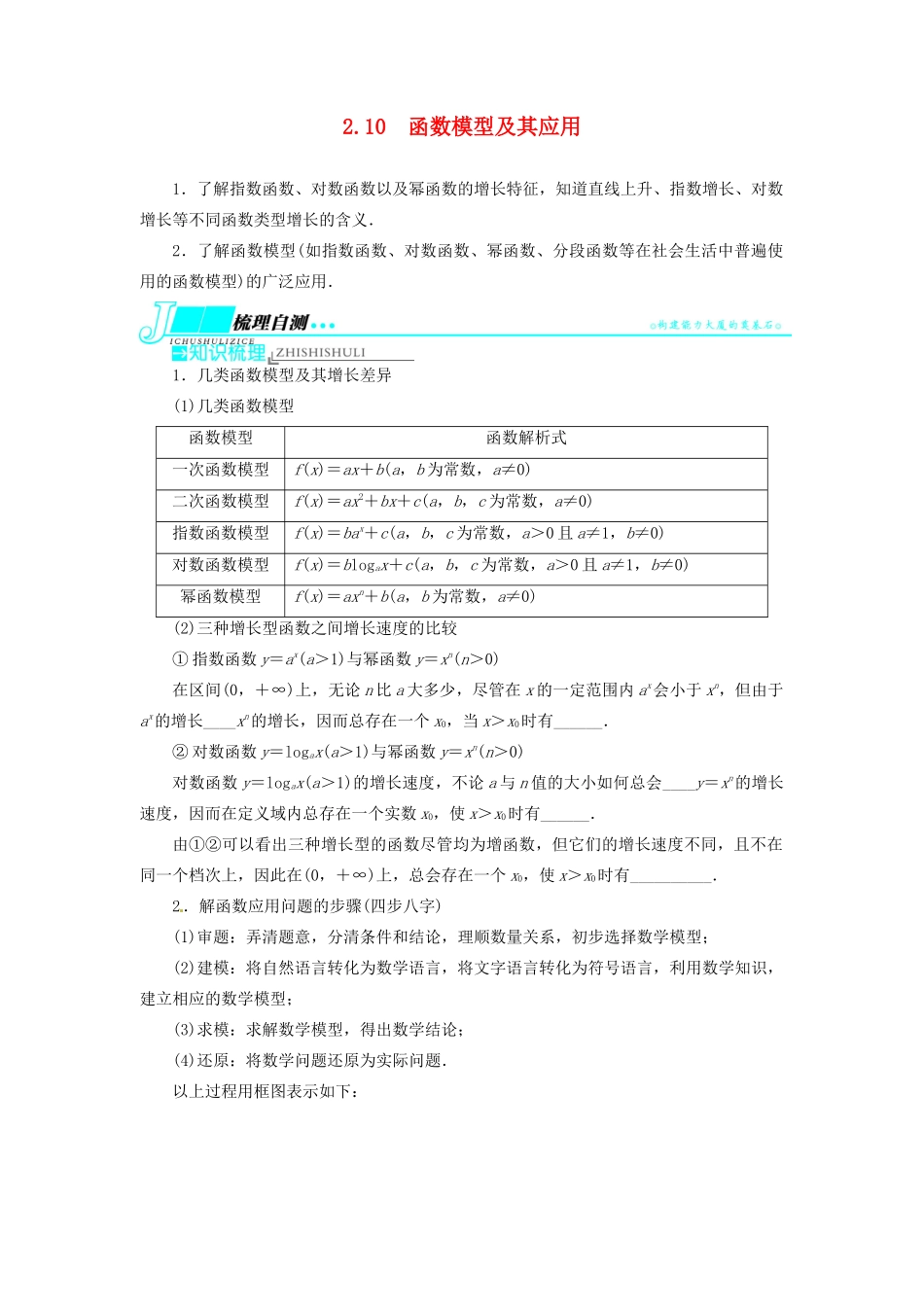 【志鸿优化设计】（湖北专用）2014届高考数学一轮复习 第二章函数2．10函数模型及其应用教学案 理 新人教A版 _第1页