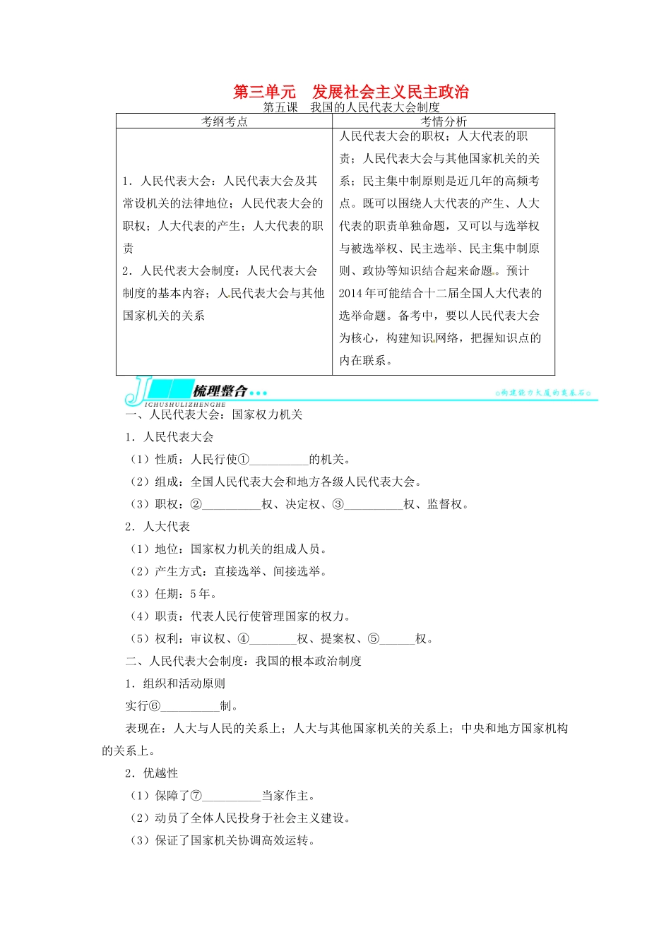 【志鸿优化设计】2014届高考政治一轮复习 第三单元发展社会主义民主政治第五课我国的人民代表大会制度教学案 新人教版必修2_第1页