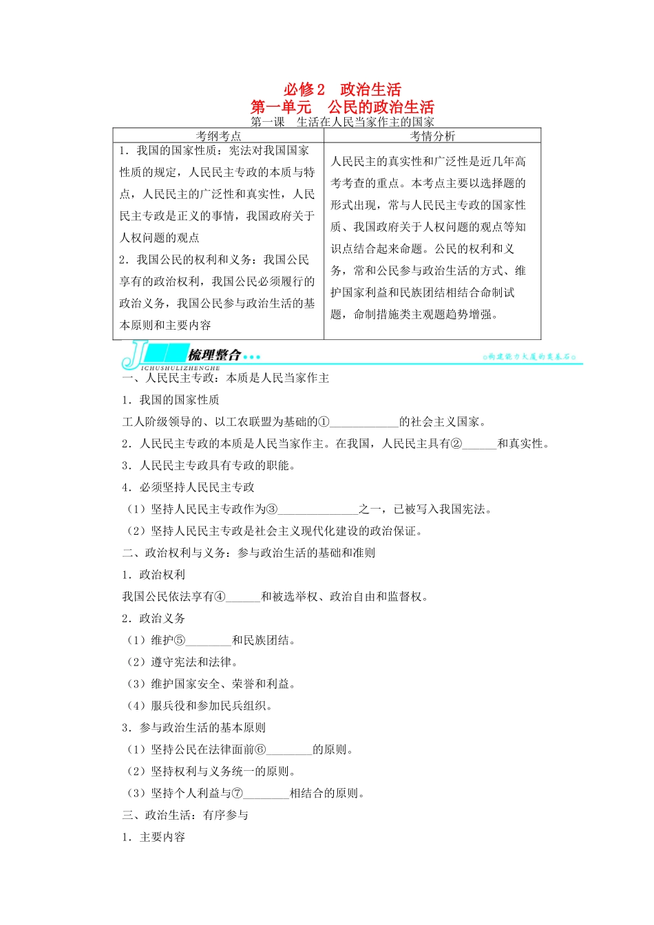 【志鸿优化设计】2014届高考政治一轮复习 第一单元公民的政治生活第一课生活在人民当家作主的国家教学案 新人教版必修2_第1页