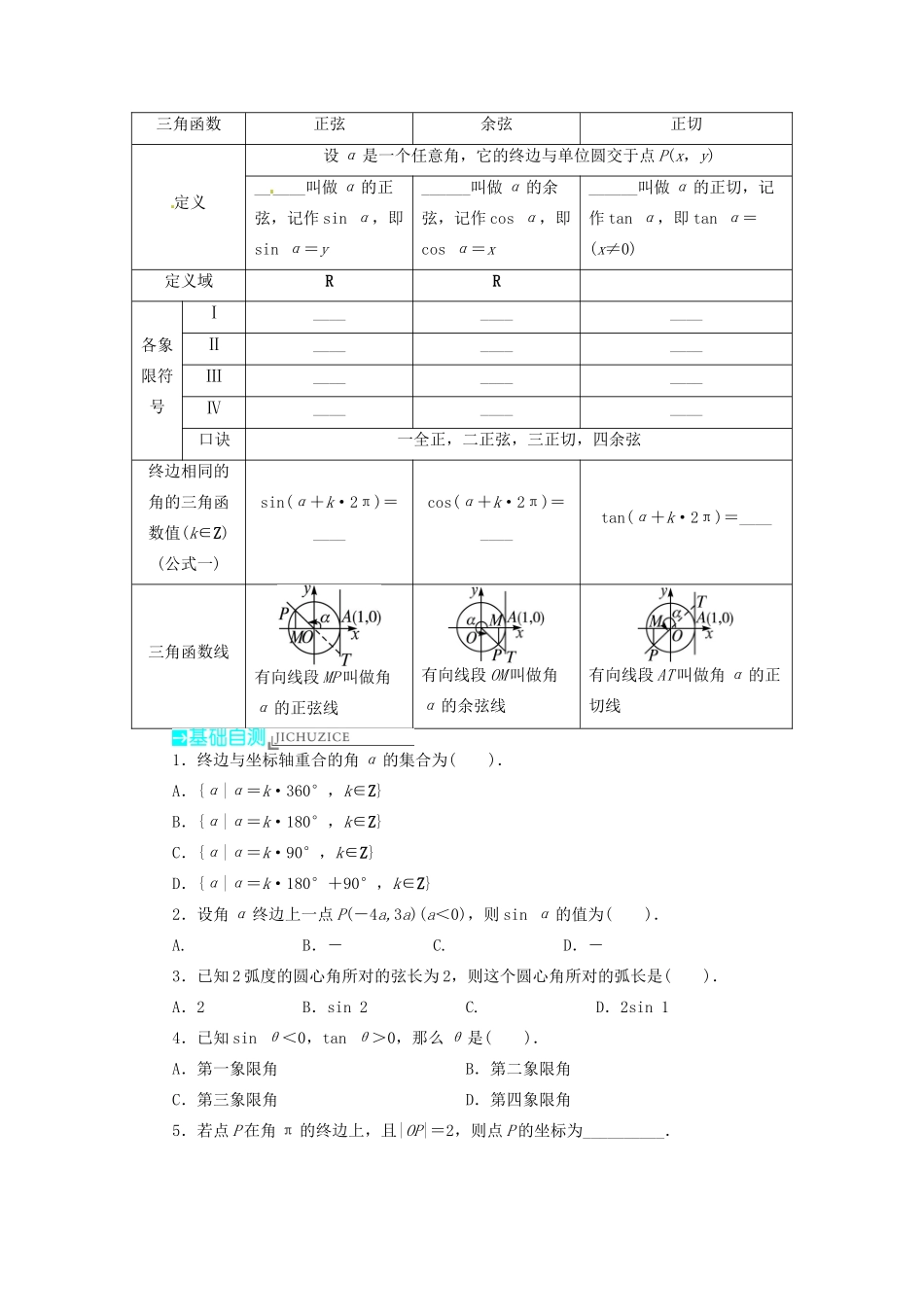 【志鸿优化设计】（湖北专用）2014届高考数学一轮复习 第四章三角函数、解三角形4．1任意角和弧度制及任意角的三角函数教学案 理 新人教A版 _第2页