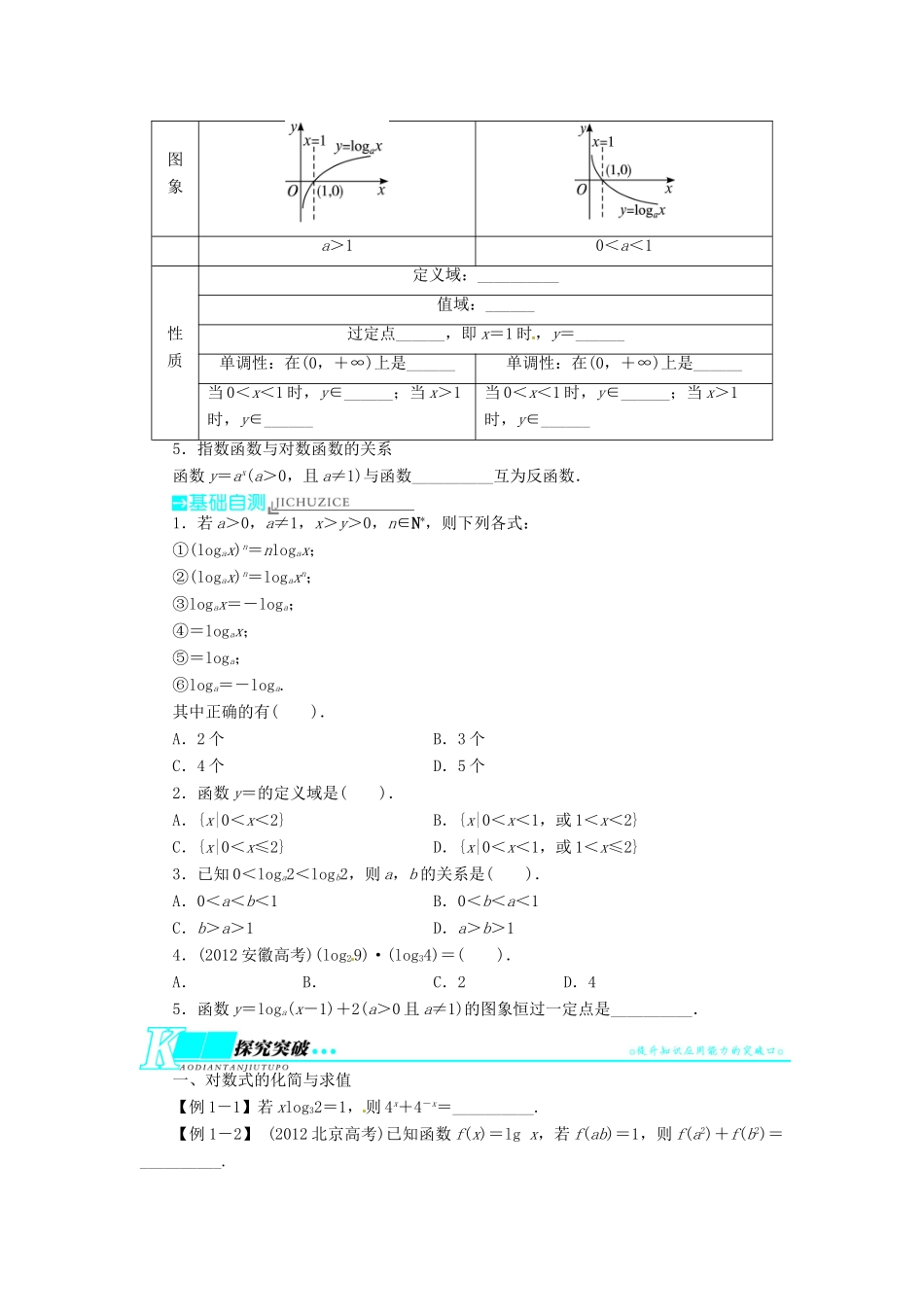【志鸿优化设计】（湖南专用）2014届高考数学一轮复习 第二章函数2.5对数与对数函数教学案 理_第2页