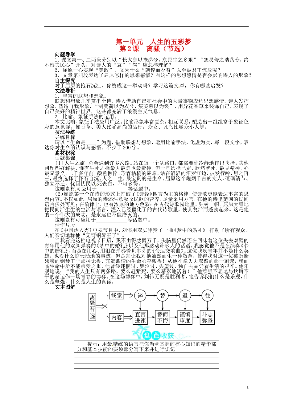 【志鸿全优设计】2013-2014学年高中语文 第一单元 第2课离骚（节选）讲解与例题导学案 鲁人版必修5_第1页