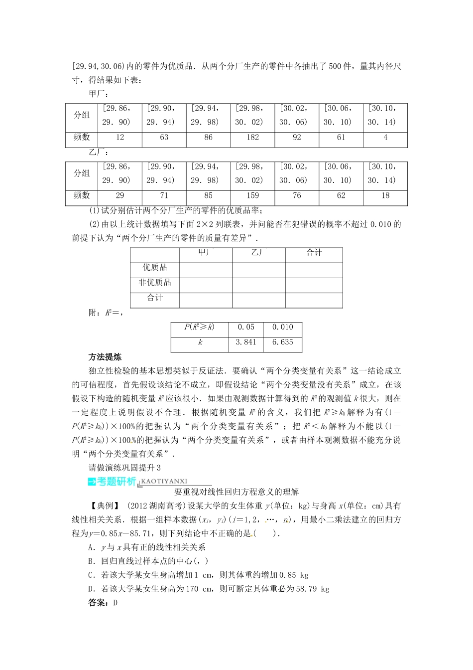 【志鸿优化设计】（湖南专用）2014届高考数学一轮复习 第十一章概率与统计11.9回归分析与独立性检验教学案 理_第3页