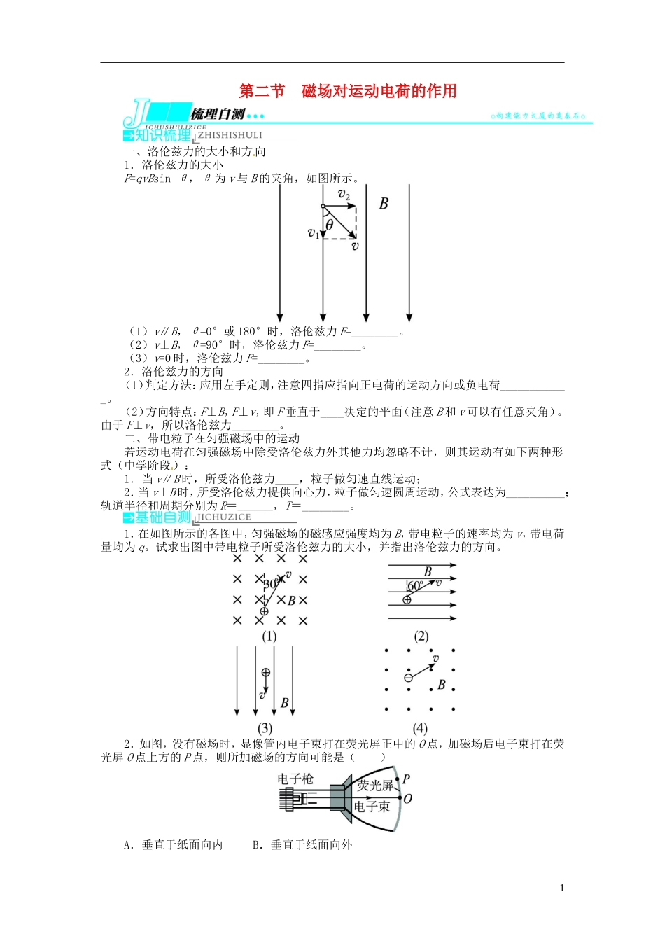 【志鸿优化设计】（江苏专用）2014届高考物理 第八章磁场第二节磁场对运动电荷的作用教学案_第1页