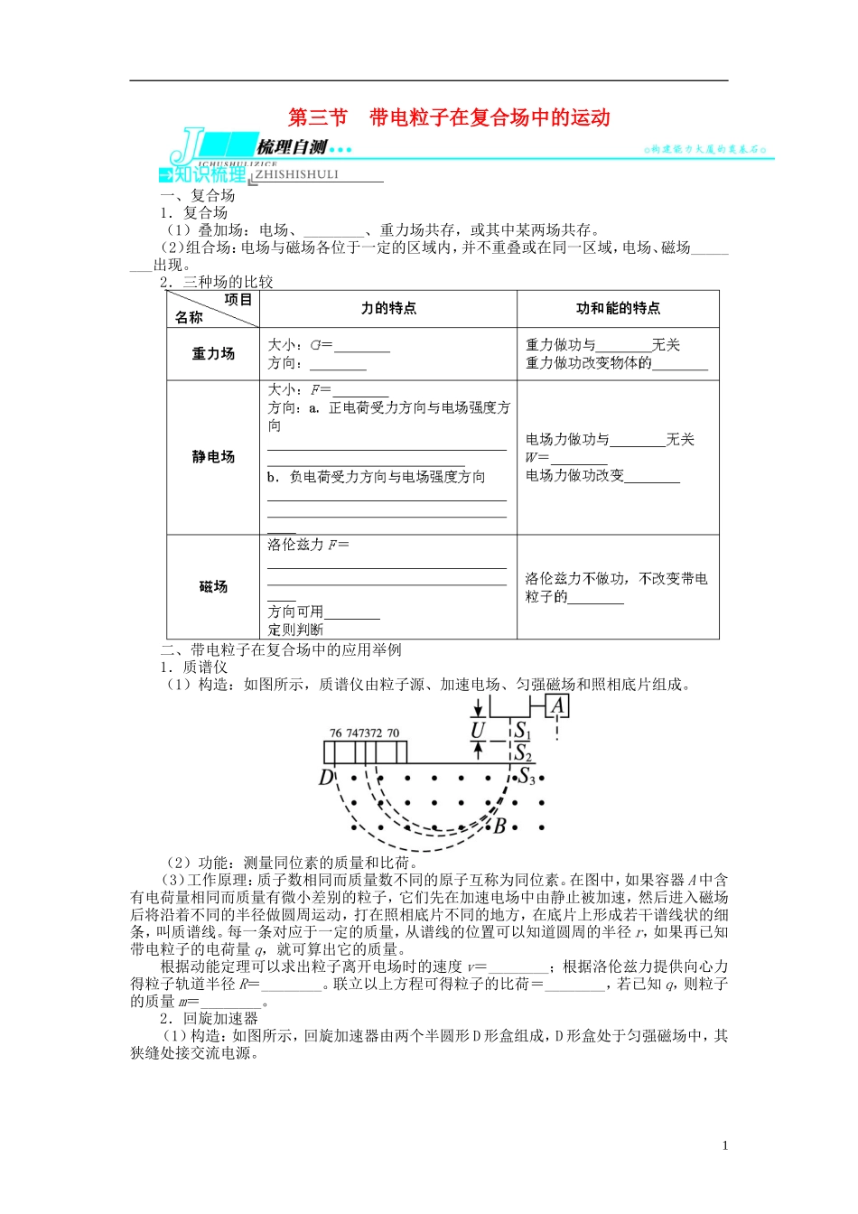 【志鸿优化设计】（江苏专用）2014届高考物理 第八章磁场第三节带电粒子在复合场中的运动教学案_第1页