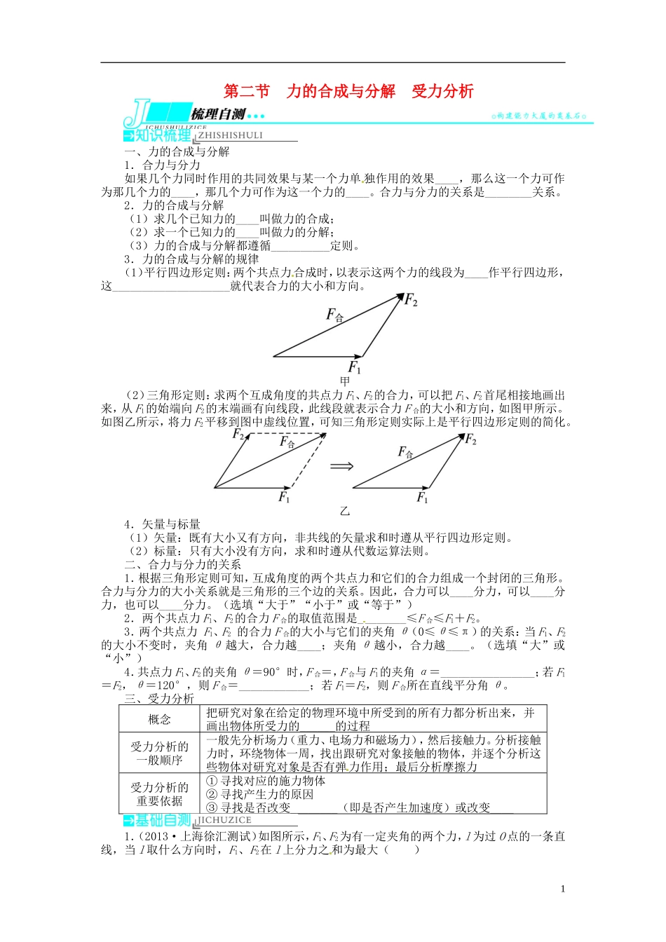 【志鸿优化设计】（江苏专用）2014届高考物理 第二章相互作用第二节力的合成与分解 受力分析教学案_第1页
