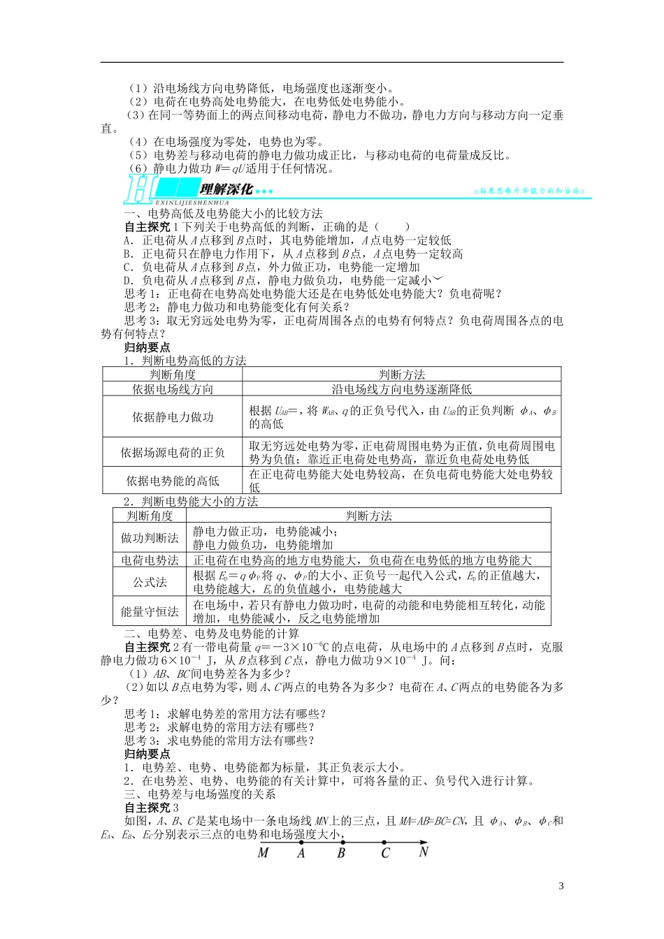 【志鸿优化设计】（江苏专用）2014届高考物理 第六章静电场第二节电势差 电势 电势能教学案_第3页