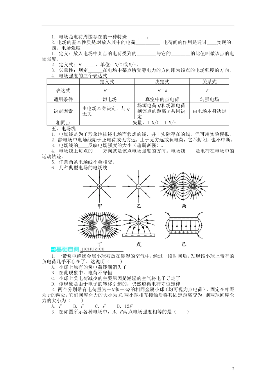 【志鸿优化设计】（江苏专用）2014届高考物理 第六章静电场第一节库仑定律 电场强度 电场线教学案_第2页