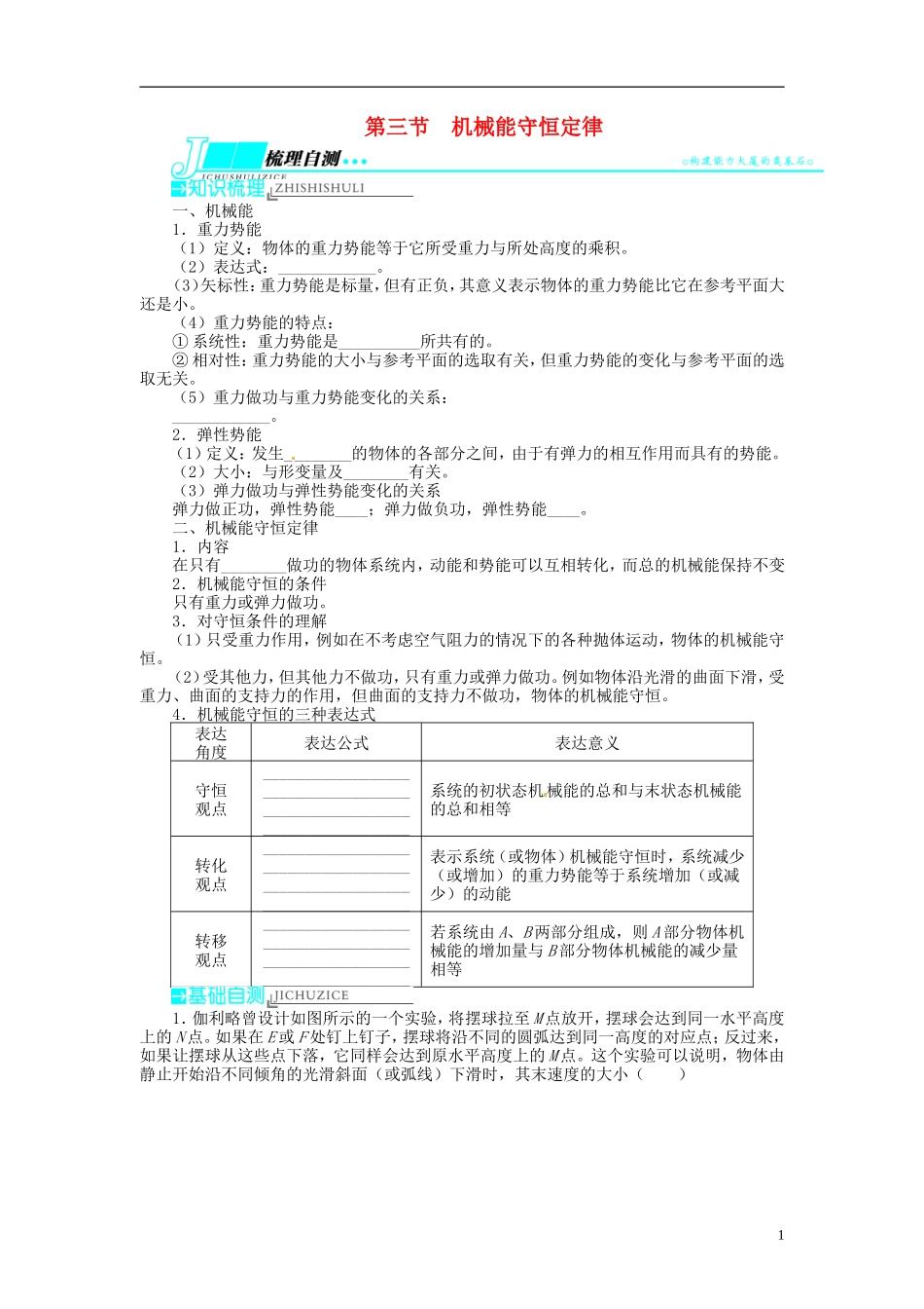 【志鸿优化设计】（江苏专用）2014届高考物理 第五章功和能 机械能及其守恒定律第三节机械能守恒定律教学案_第1页
