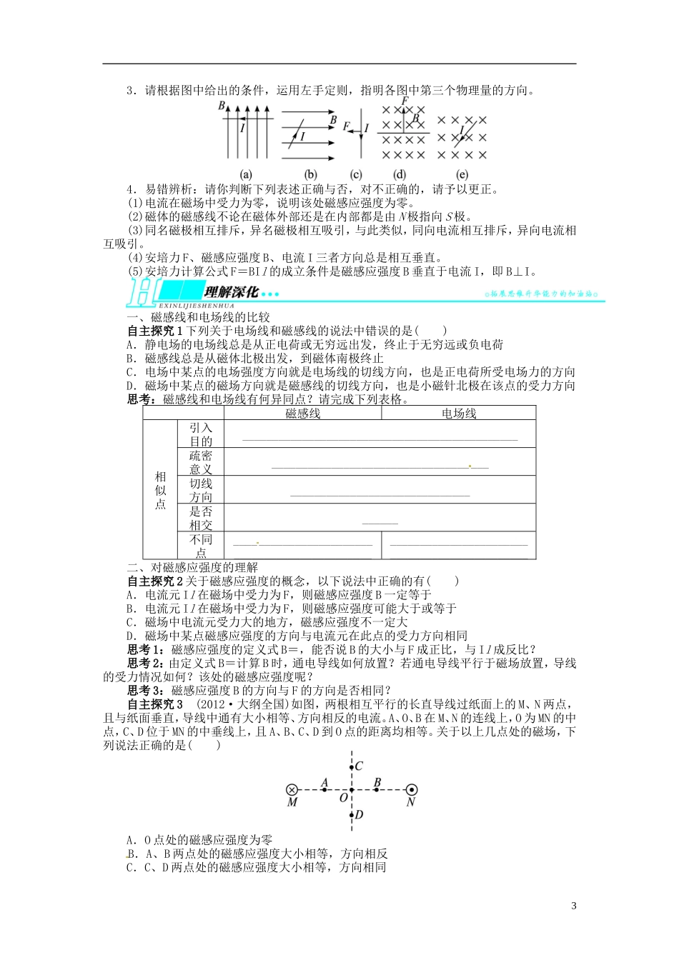 【志鸿优化设计】（浙江专用）2014届高考物理一轮复习 第八章 磁场第一节磁场的描述磁场对电流的作用教学案_第3页