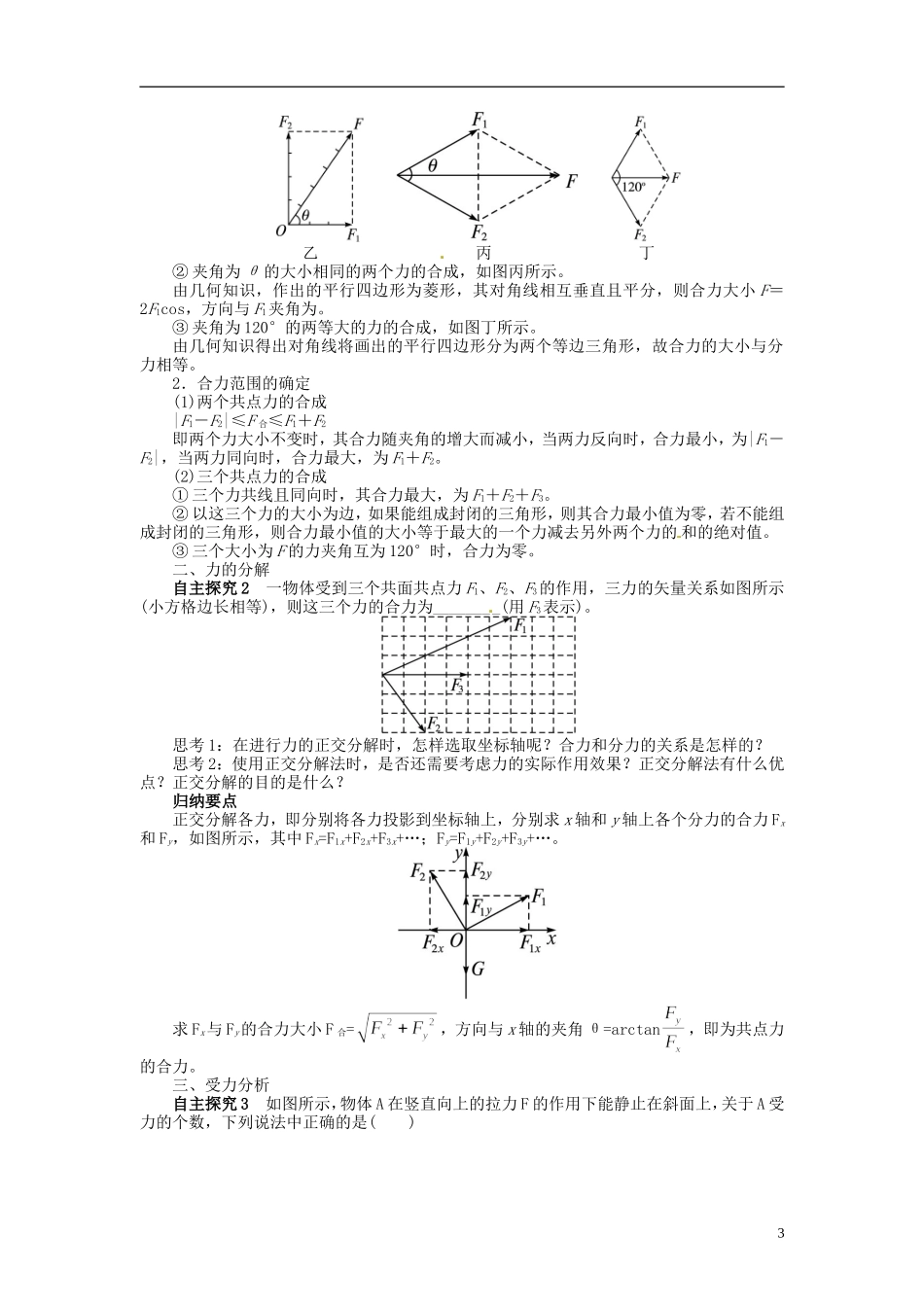 【志鸿优化设计】（浙江专用）2014届高考物理一轮复习 第二章 相互作用第二节力的合成与分解受力分析教学案_第3页