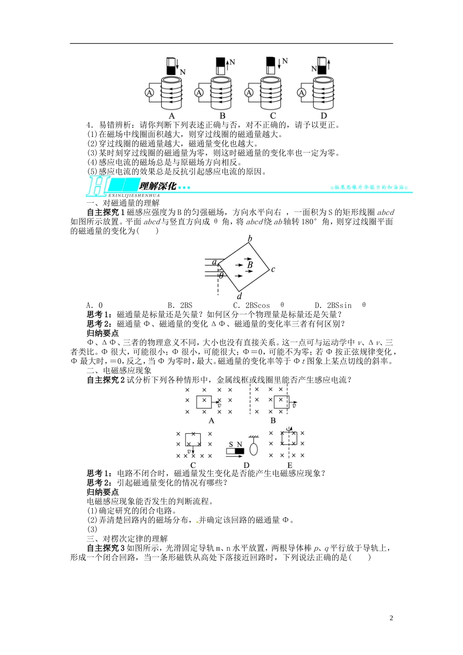 【志鸿优化设计】（浙江专用）2014届高考物理一轮复习 第九章 电磁感应第一节电磁感应现象楞次定律教学案_第2页
