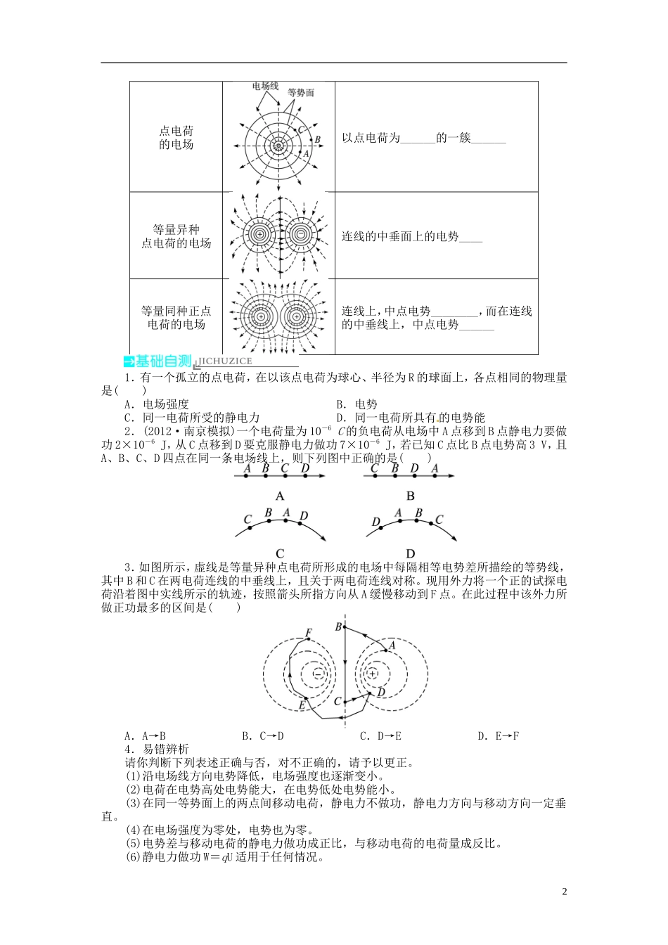 【志鸿优化设计】（浙江专用）2014届高考物理一轮复习 第六章 静电场第二节电势差电势电势能教学案_第2页