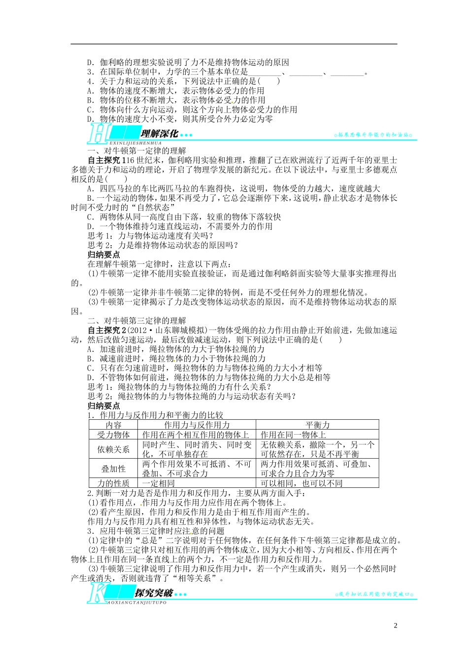 【志鸿优化设计】（浙江专用）2014届高考物理一轮复习 第三章 牛顿运动定律第一节牛顿第一定律牛顿第三定律教学案_第2页