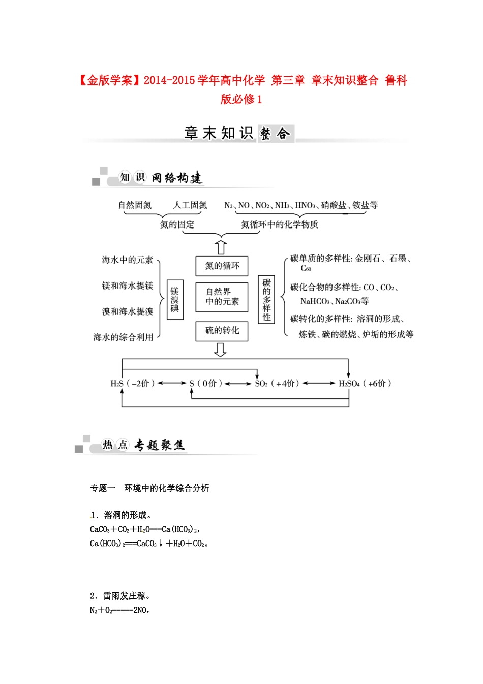 【金版学案】2014-2015学年高中化学 第三章 章末知识整合 鲁科版必修1_第1页